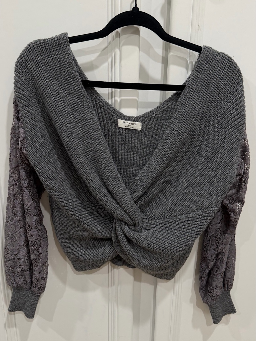 Think! Charcoal Gray Off-Shoulder Twist Sweater with Lace Sleeves